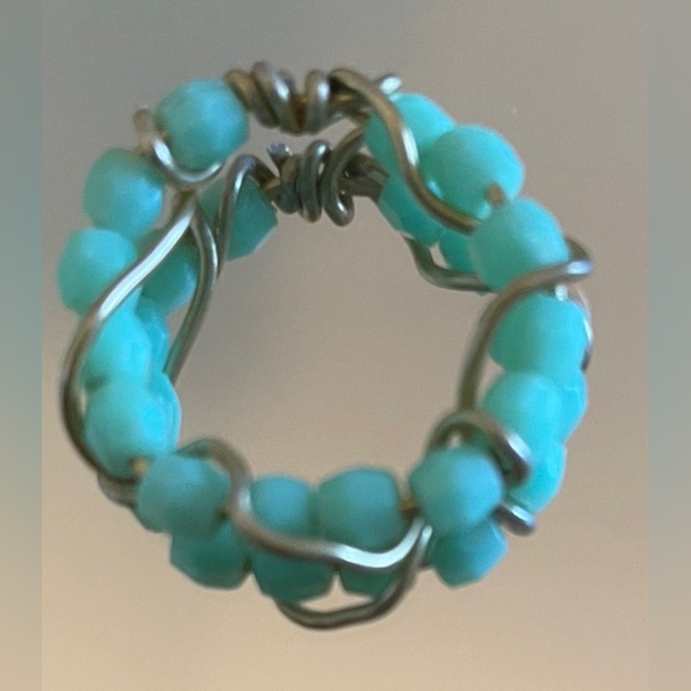 Handmade pastel teal ring wrapped in faux gold wire - Picture 2 of 3